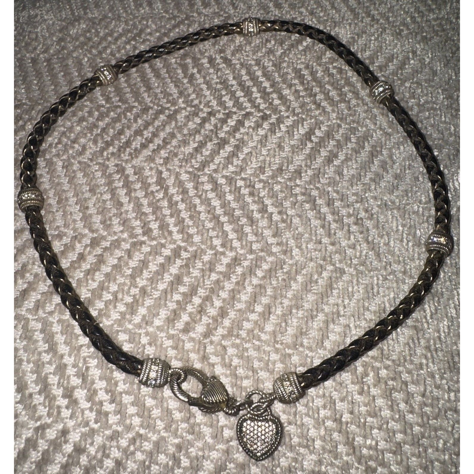 Judith Ripka Heart Choker Necklace Brown Leather Sterling Silver